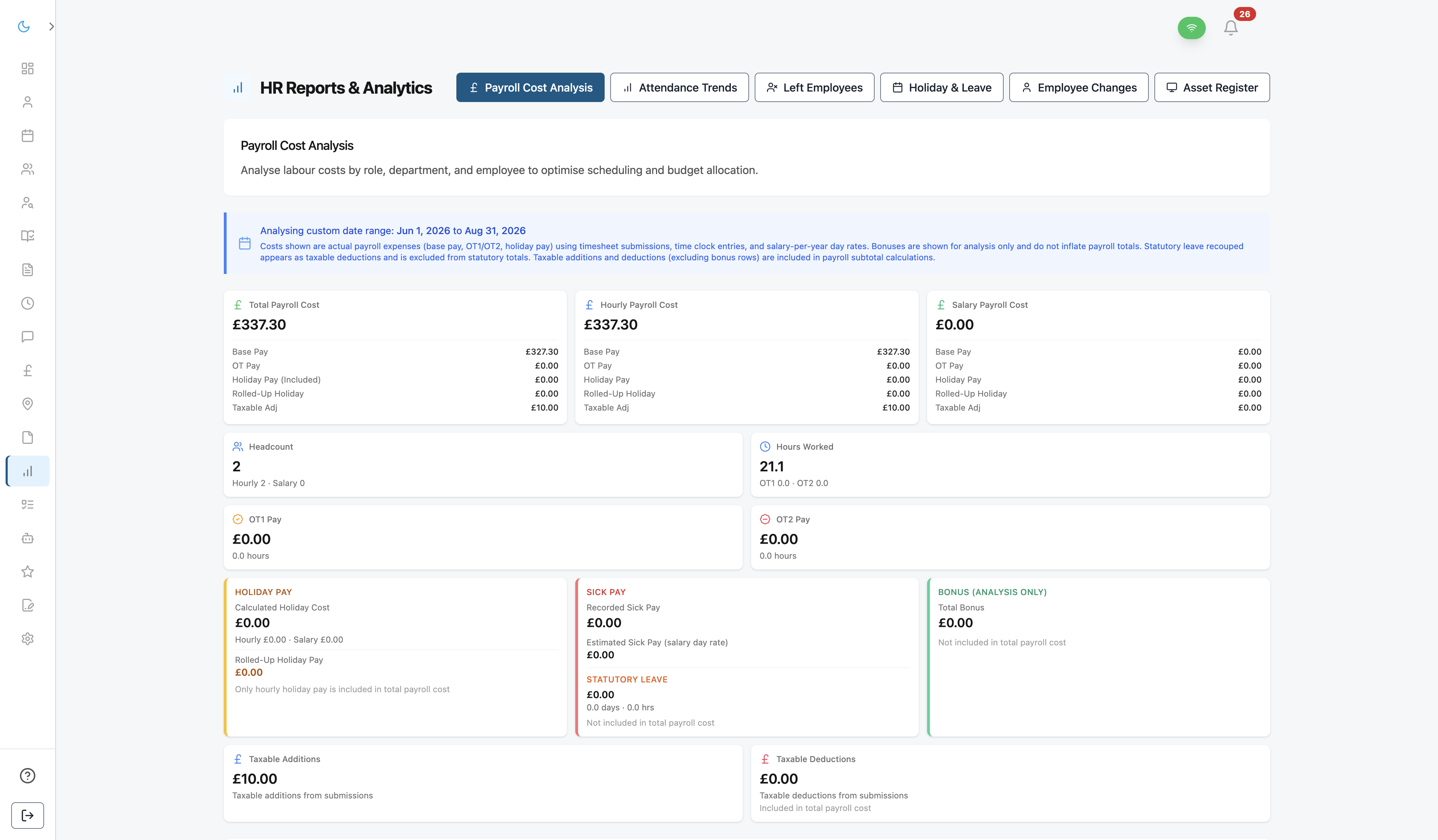 Dynamic EMS payroll preparation view showing validated hours by pay element before Sage export