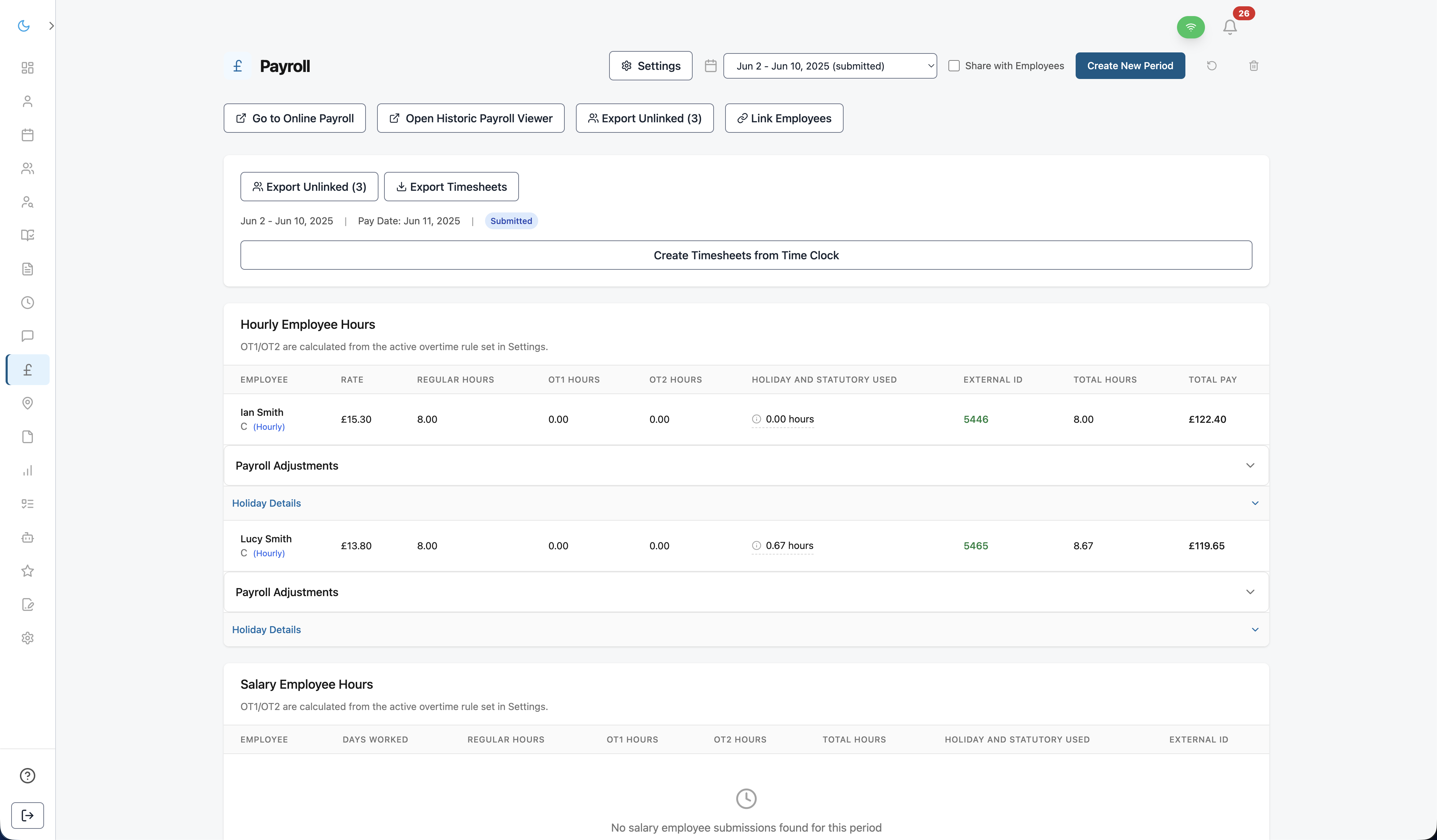 Dynamic EMS payroll preparation view showing validated hours by pay element before Sage export