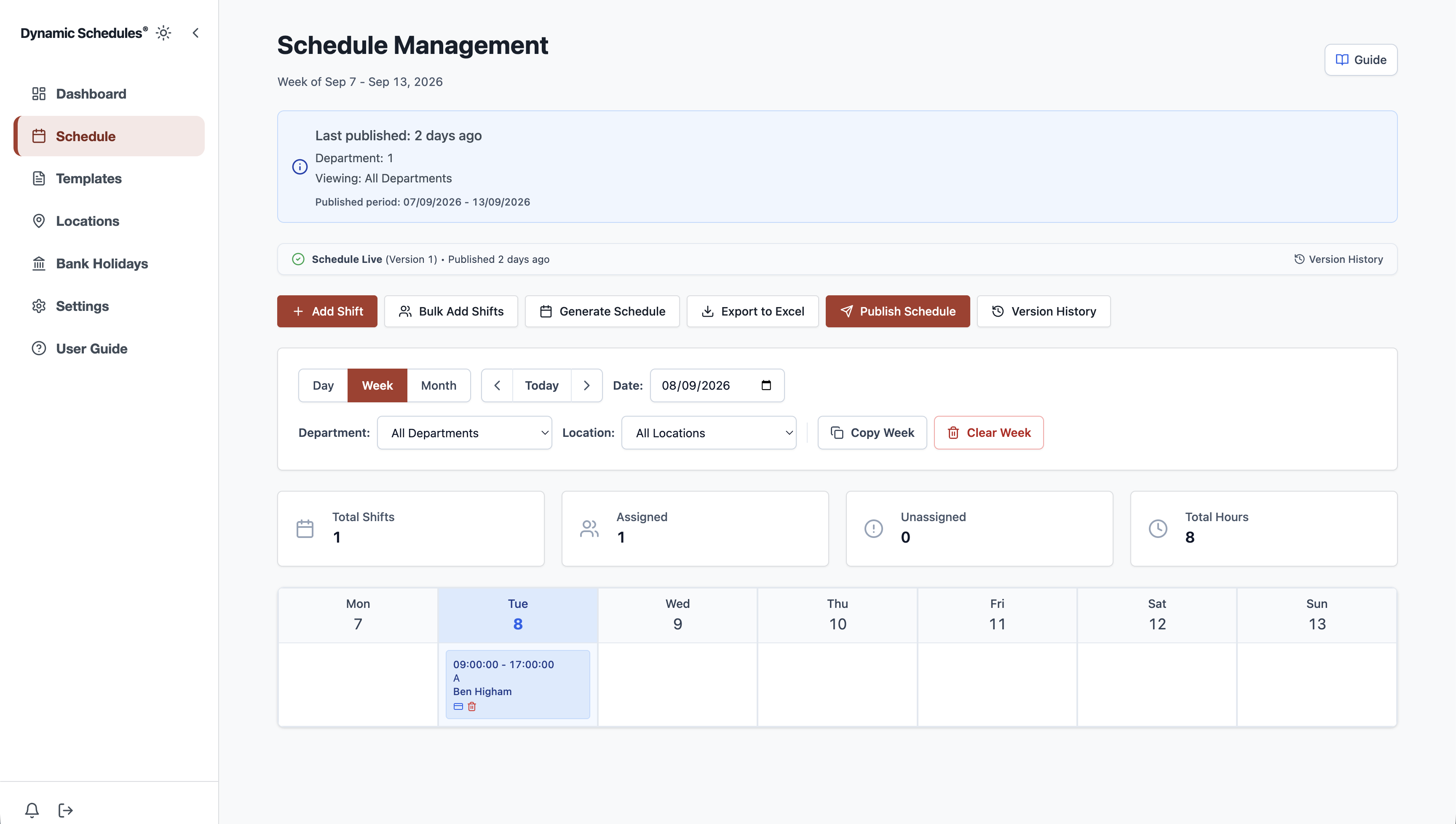 Dynamic Schedules rota builder showing a week of scheduled shifts with coverage gaps and staff conflicts highlighted