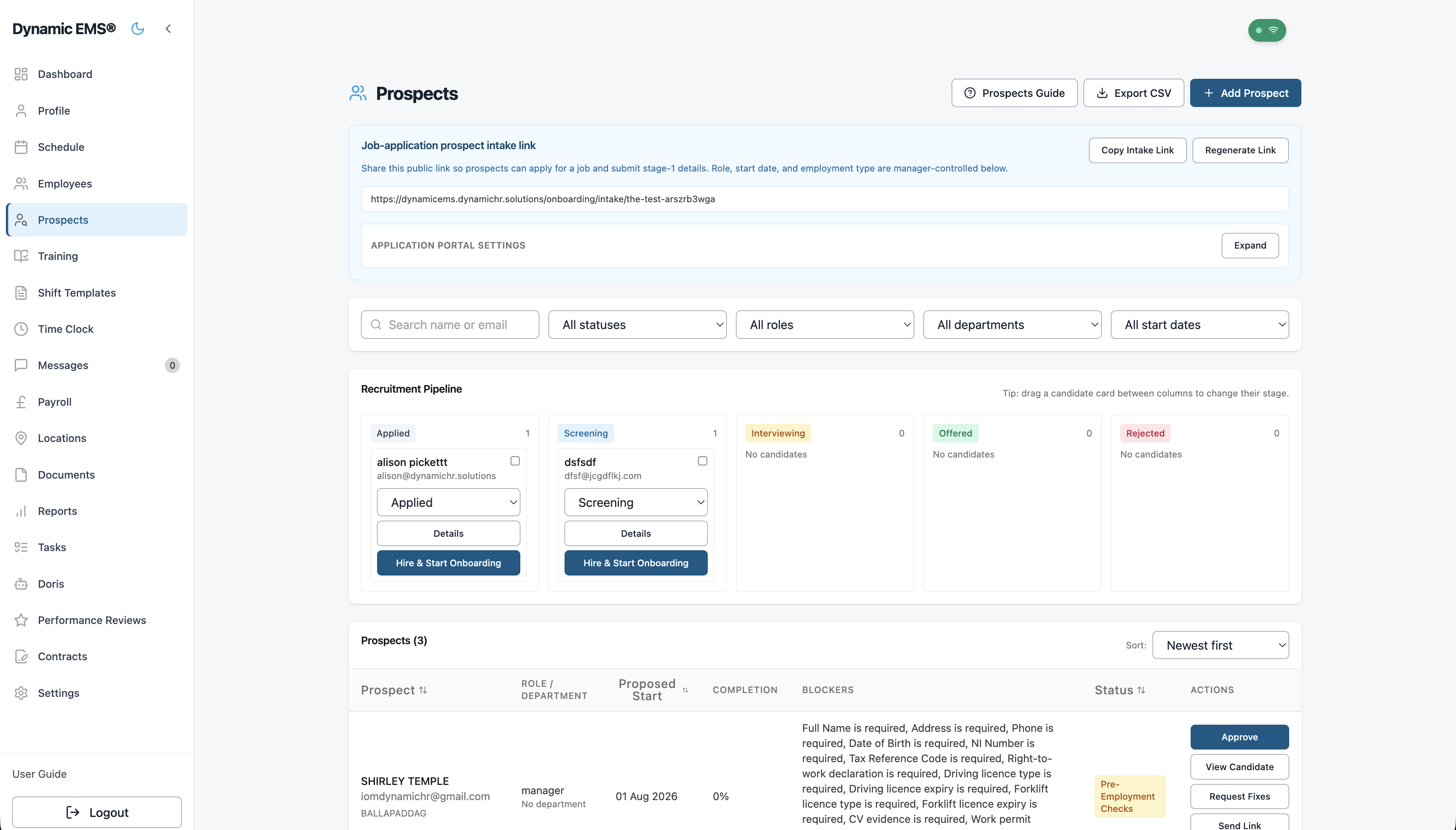 Dynamic EMS recruitment pipeline showing candidates across five stages with star ratings and compliance checklists