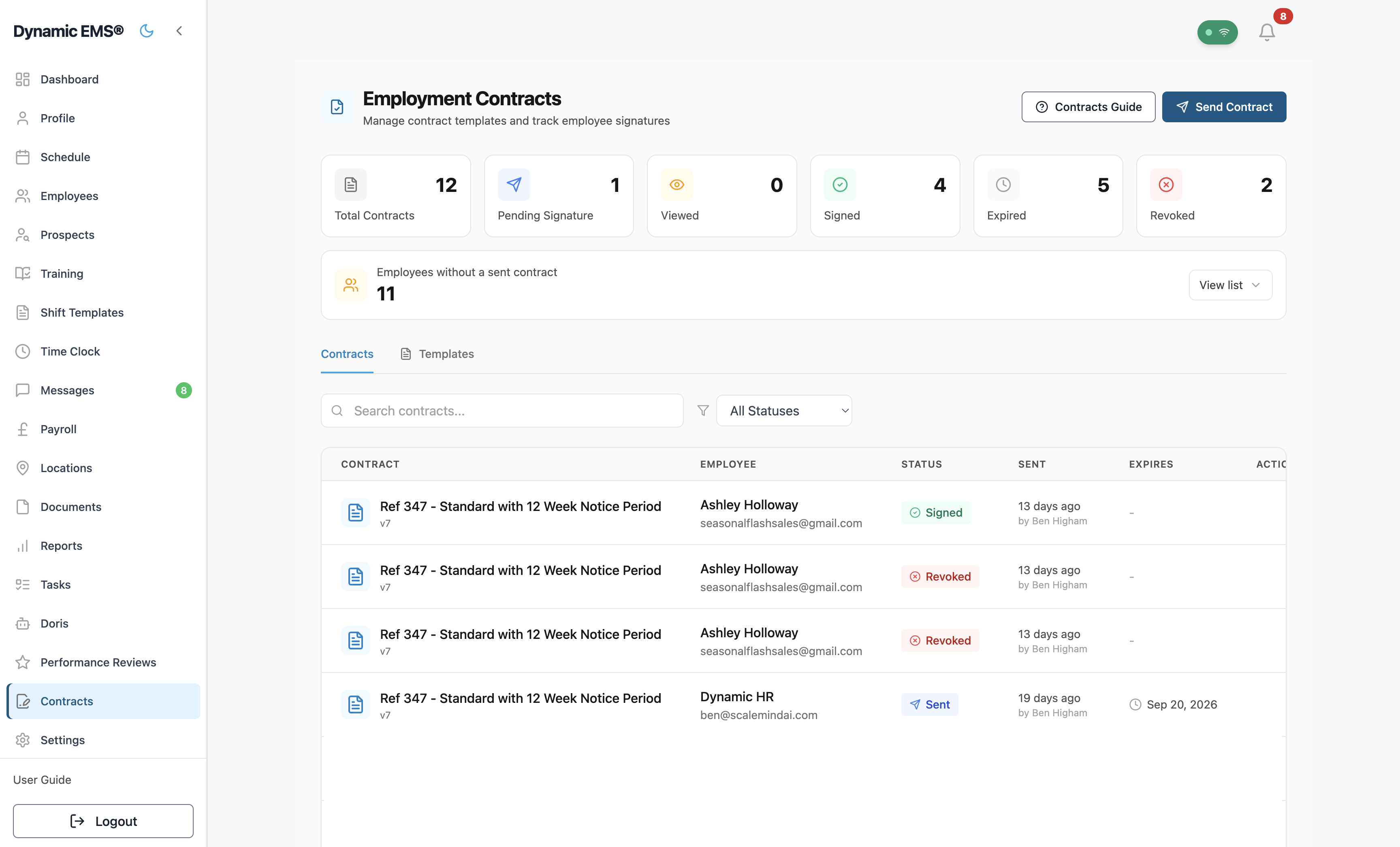 Dynamic EMS contracts dashboard showing sent, viewed, signed, and expired contract statuses