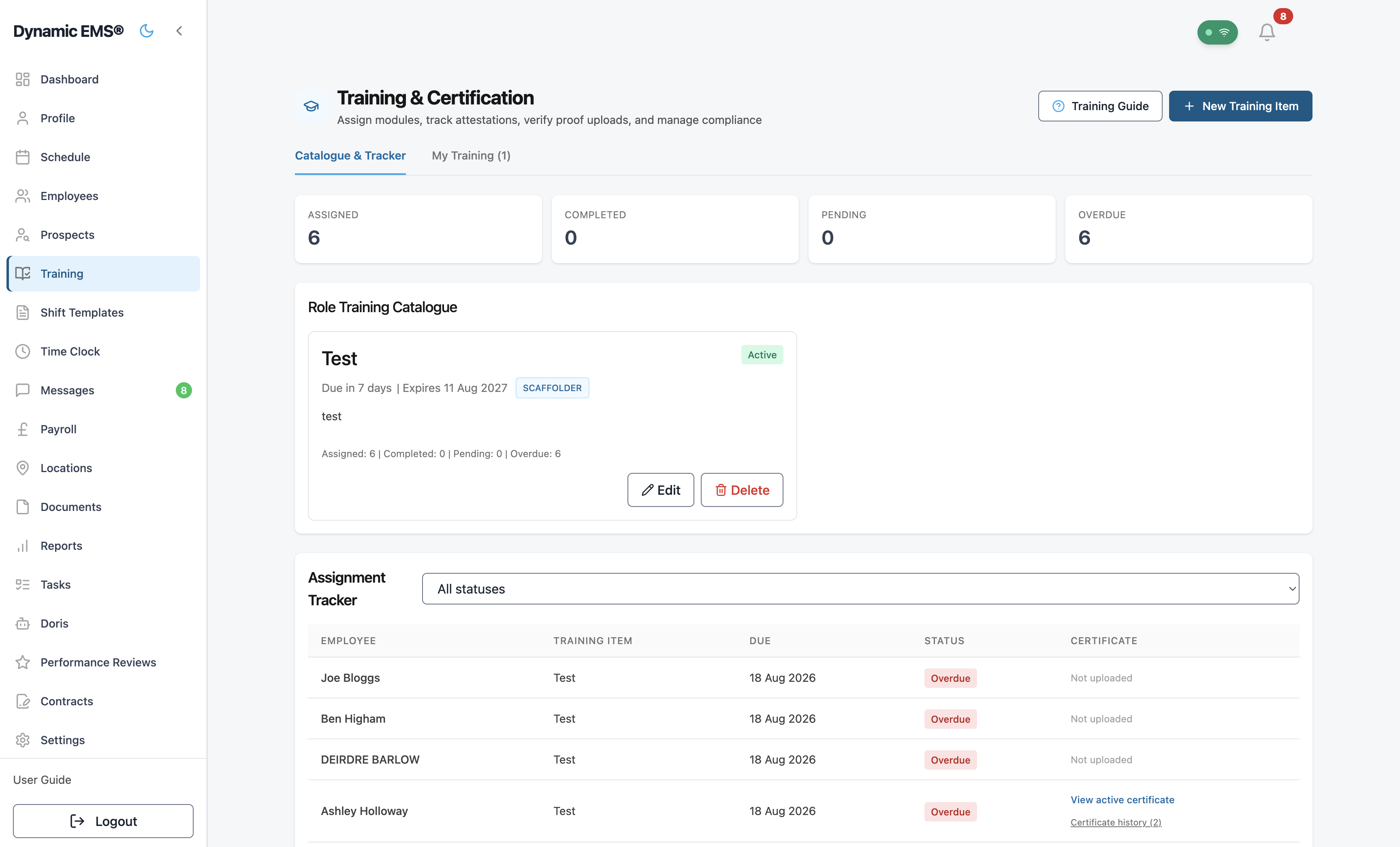 Dynamic EMS training management showing role-based course assignments with completion status and certificate tracking