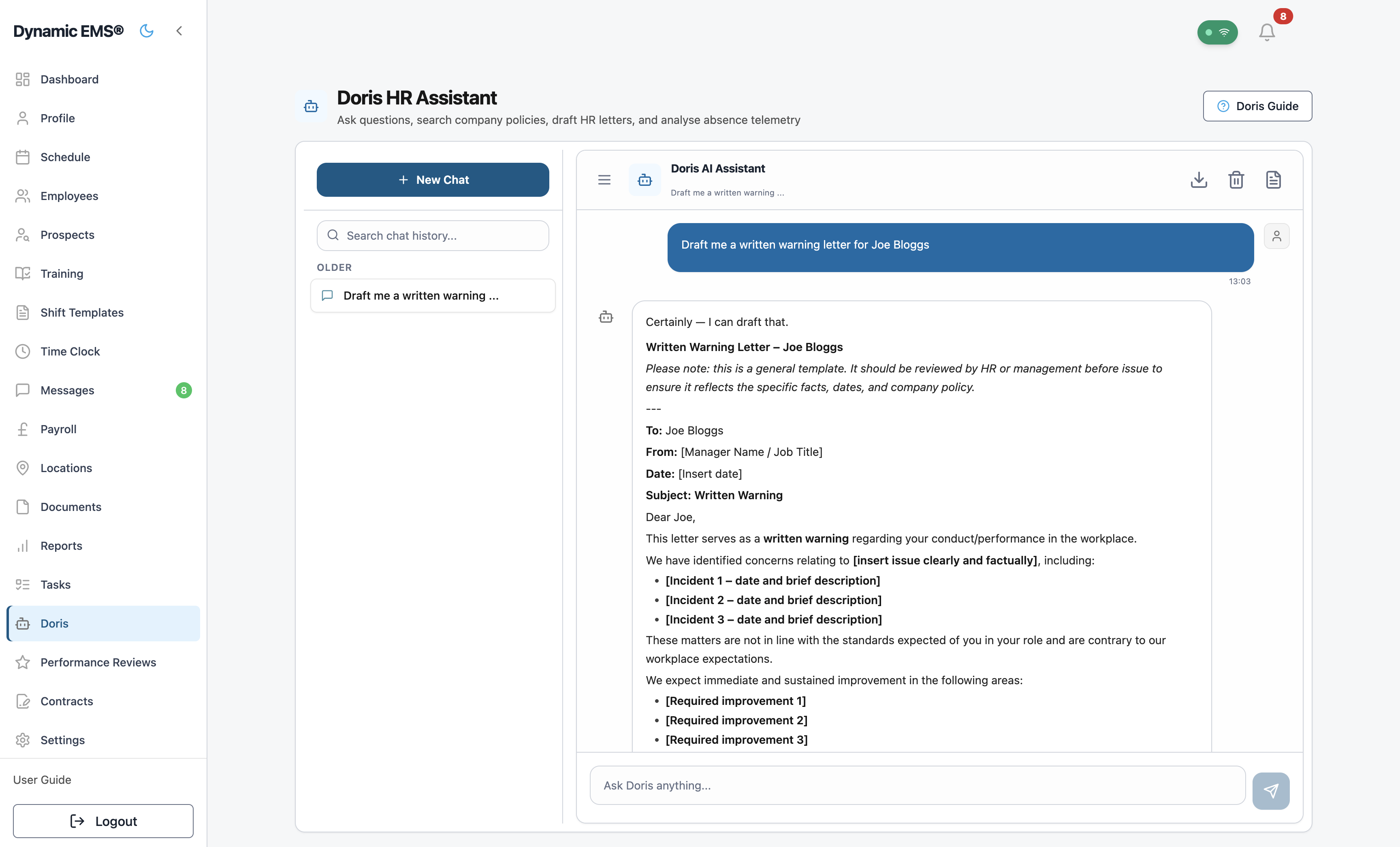 DORIS AI assistant chat showing a policy query with source paragraph citations