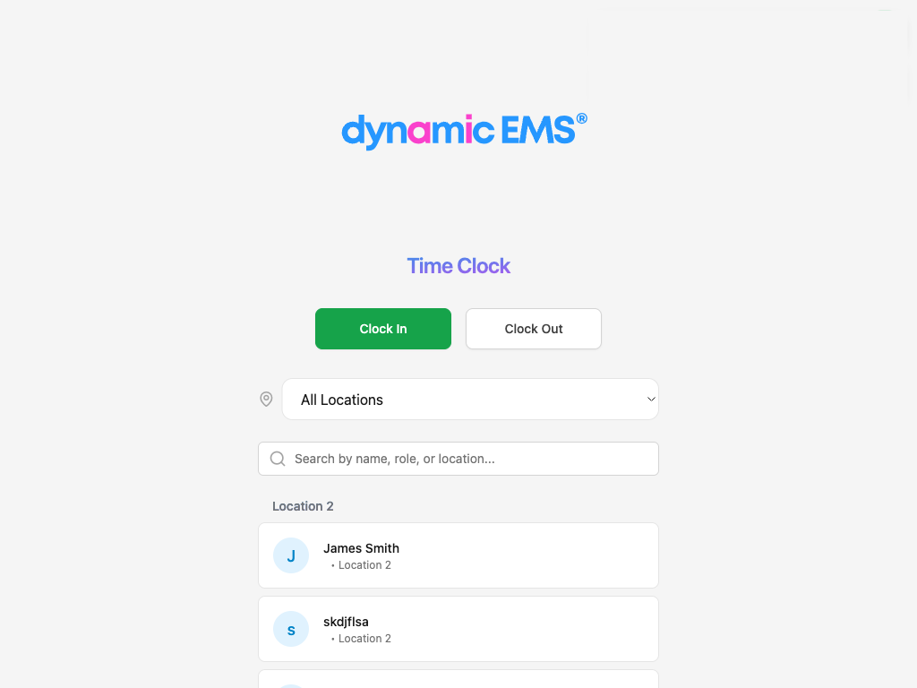 Dynamic EMS shared kiosk clock-in screen on a tablet showing employee photo verification