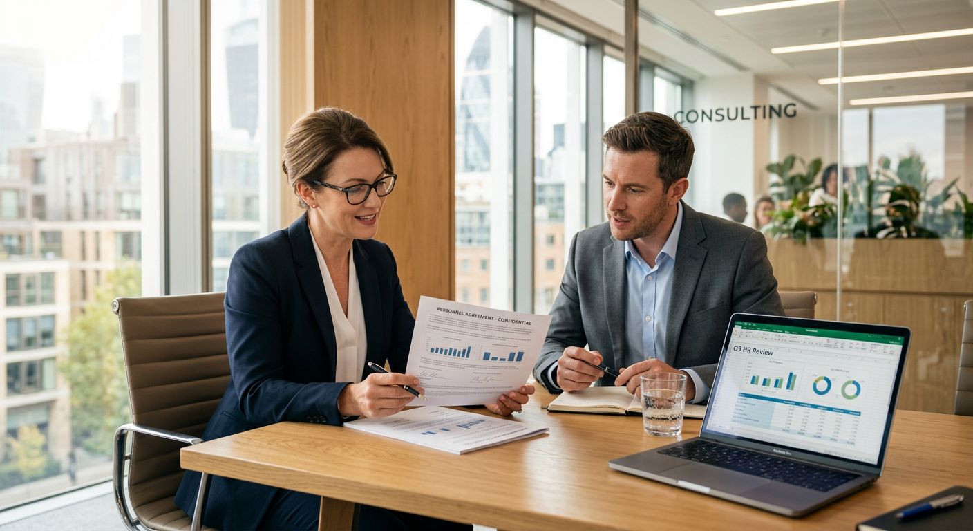 HR consultants reviewing documents in a modern office