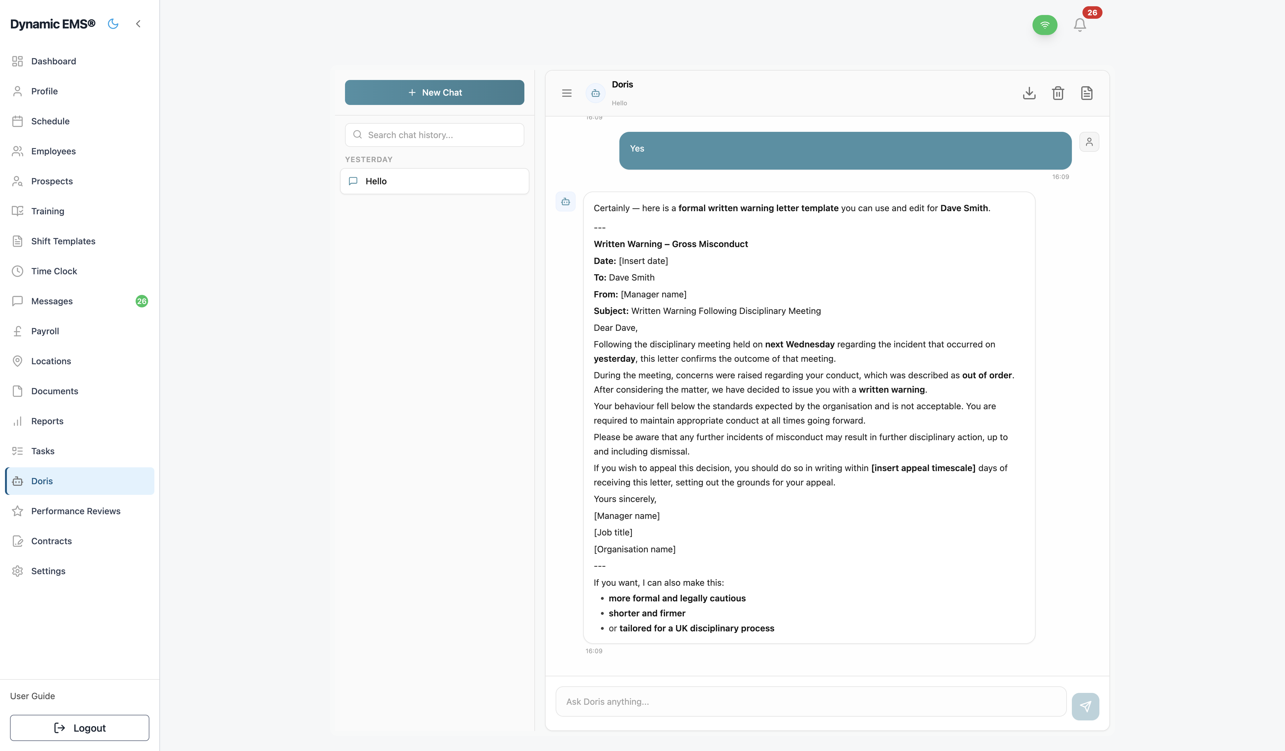 Dynamic EMS mobile app showing the employee self-service dashboard with upcoming shifts and leave balance