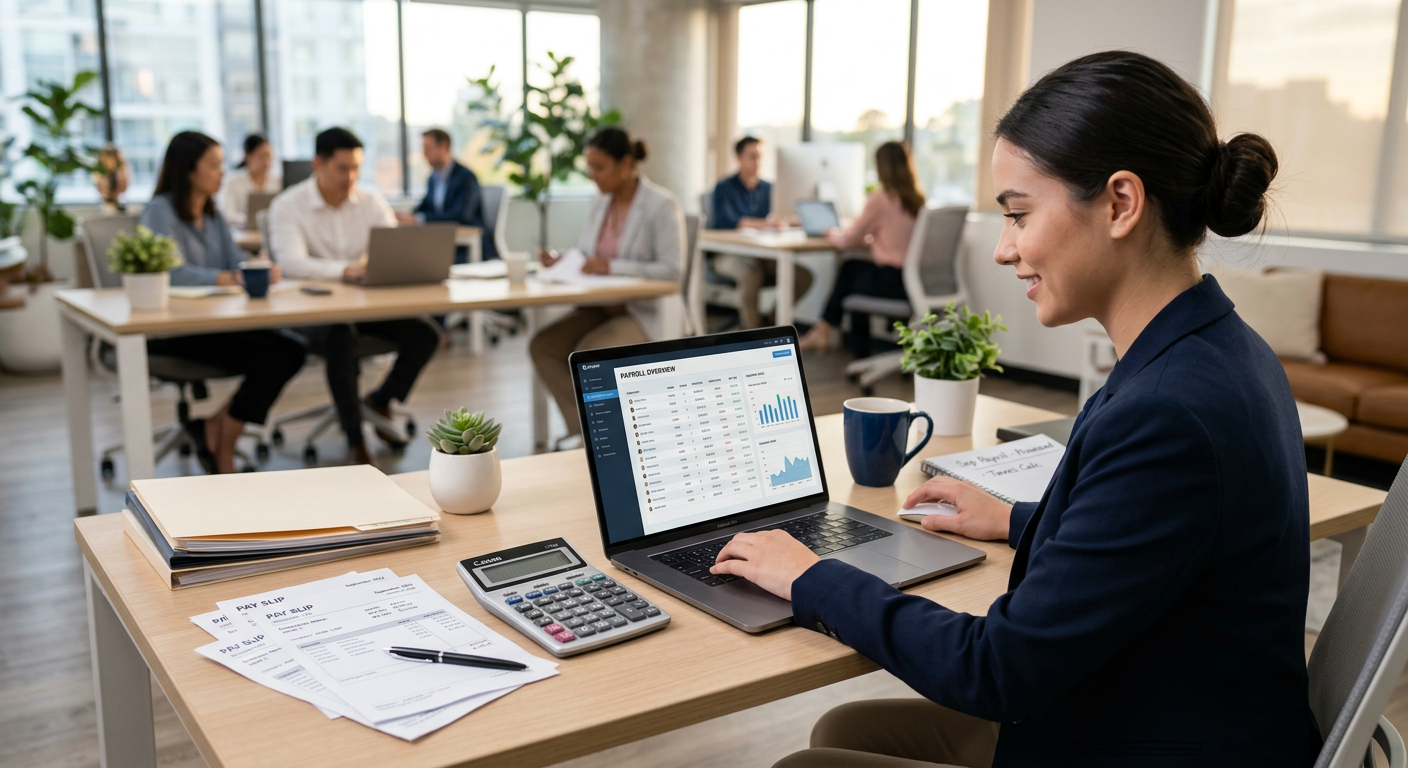 Payroll processing with calculator and financial software on a desk