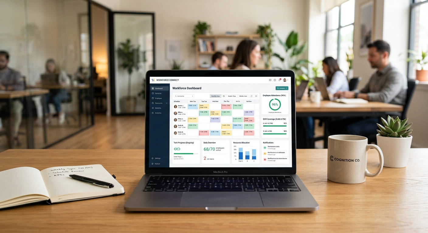 Workforce management dashboard on a laptop in a modern office